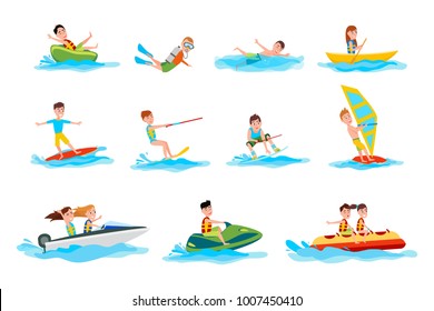 Deep Dive, Sport Canoeing, Ride Surfboard, Go Water Skiing, Funny Yachting, Drive Motor Boat, Scooter Walk And Inflatable Banana  Illustration.