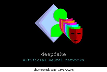 Deep Fake And False, Acronym Deepfake, Profound Learning. Replacing Images Using Artificial Neural Networks. User Icon Illustration With Various Masks. Button On Elegant Black Background. Vanguard.