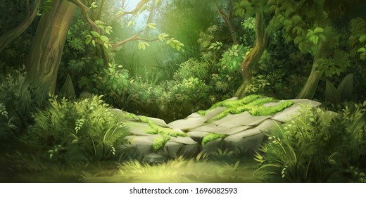 Deep Forest. Fantasy Backdrop. Concept Art. Realistic Illustration. Video Game Digital CG Artwork Background. Nature Scenery.
