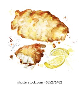 Deep Fried Fish. Watercolor Illustration. 