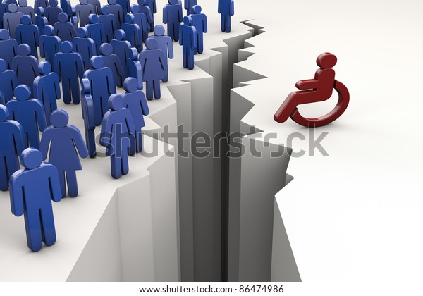 Deep gap\
between wheelchair driver and other\
people