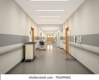 Tiefer Krankenhauskorridor, Architektur und Gesundheit. 3D-Abbildung