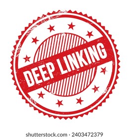 DEEP LINKING text written on red grungy zig zag borders round stamp.