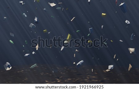 deep ocean with a lot of floating garbage. climate change. 3d render