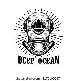 Deep ocean. Old style diver helmet on white background. Design element for t-shirt print, poster, emblem.