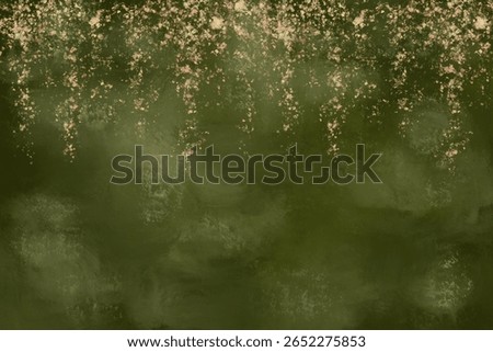 A deep olive green textured background with aoft blush and golden mist details falling gently from above evoking the feelingbof rainfall through magical foliage. Nature themed wallpaper. Mystical Art.
