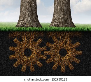 Deep Partnership business concept and financial cooperation symbol as two growing trees with underground roots shaped as gears and cog wheels connected together in a working relationship network.
