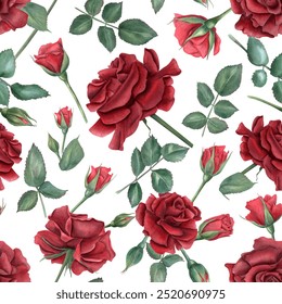 Deep red rose seamless pattern. Ruby flowers and green leaves on stems. Blooming summer garden roses with buds. Watercolor illustration for wedding design, memorial day, mother day and birthday decor - Powered by Shutterstock