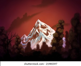 a deep red sky overlooking a dark forest and frosted mountain peak