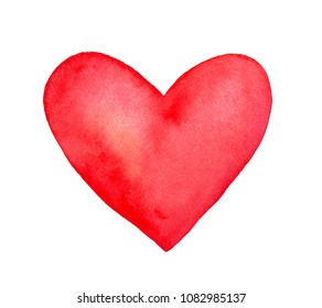 Deep red watercolor heart. Bright and beautiful. Symbol of love, compassion, sympathy, devotion, feelings, truth and honesty. Hand drawn water color graphic painting on white background, isolated.