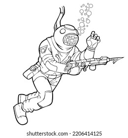 Deep Sea Diver Suit Scuba Helmet Under Water Harpoon Gun Bubbles