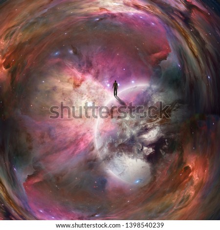 Deep space with human being. Glowing planet and vivid nebulae. 3D rendering