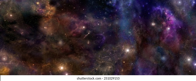 Deep Space - Panoramic illustration of deep space background showing different clouds, stars, suns and planets in different colors  