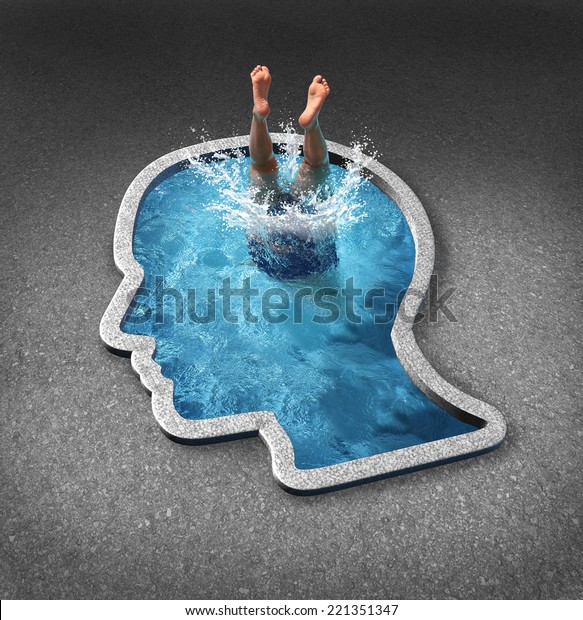 Deep thinking and soul searching concept with a\
person diving into a swimming pool shaped as a human face as a\
symbol of self examination and mental health related to inner\
feelings and\
emotions.