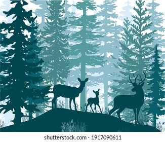 Deer with antlers, doe, fawn posing in magic misty forest. Silhouettes illustration. Coniferous trees.