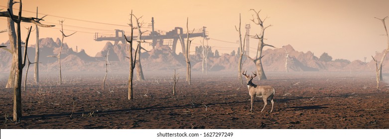 Deer In Dead Forest, Climate Change Crisis Background, 3d Environment Illustration Banner
