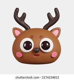 Deer Face Front View Isolated On White Background. Cute Cartoon Animal Head. 3D Render Illustration