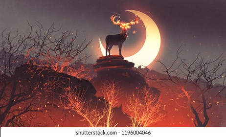 The Deer With Its Fire Horns Standing On Rocks In Forest Fire, Digital Art Style, Illustration Painting