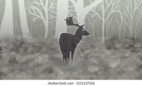 Deer In The Forest Illustration. Digital Illustration Of A Deer Through A Night Vision Device. Hunting For Animals. Radiance Around A Wild Animal. Contemporary Abstract Art