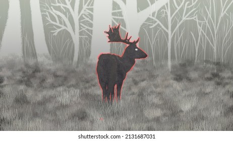 Deer In The Forest Illustration. Digital Illustration Of A Deer Through A Night Vision Device. Hunting For Animals. Red Glow Around A Wild Animal. Contemporary Abstract Art