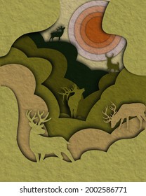 Deer in forest with paper cut effect