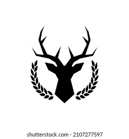 Deer Head With Big Antlers In Laurel Wreath Icon Isolated On White