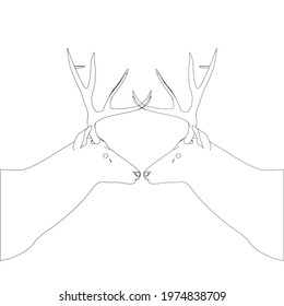 Deer head contour and large antlers made black lines white background  Side view 