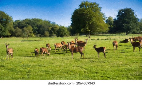 Deer in a herd with a blue autumn skies in England Digital brush and ink oil painting for canvas prints 