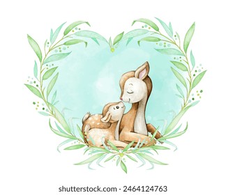 deer, mom and baby look at each other, watercolor frame of plants, turquoise background. illustration of forest animals. - Powered by Shutterstock