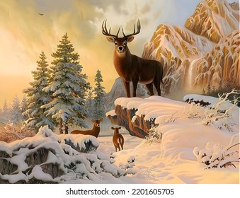 Deer on snowy mountains painting. Stock of illustration. 3d rendering. - Powered by Shutterstock