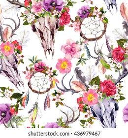Deer skulls and flowers   dream catchers (dreamcatcher)  Seamless pattern  Watercolor