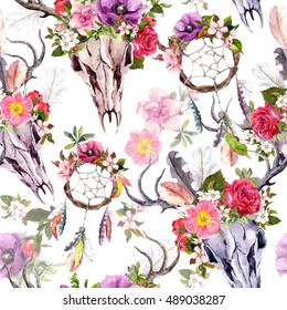 Deer skulls and flowers   dream catchers (dreamcatcher)  Seamless pattern  Watercolor