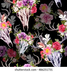 Deer skulls and flowers  Seamless pattern  Watercolor