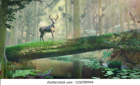 deer standing on fallen tree bridge in beautiful foggy landscape, 3d illustration