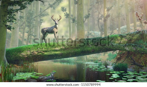 deer standing on fallen tree bridge in beautiful foggy landscape, 3d illustration