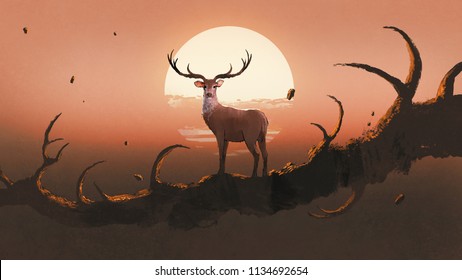 the deer standing on a giant branch that resembles an animal's horns against sunset sky, digital art style, illustration painting