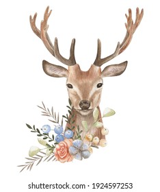 Deer Watercolor Illustration.
Flower Composition.
Postcard Forest Animals. Invitation And Greeting, Prints And Textiles.