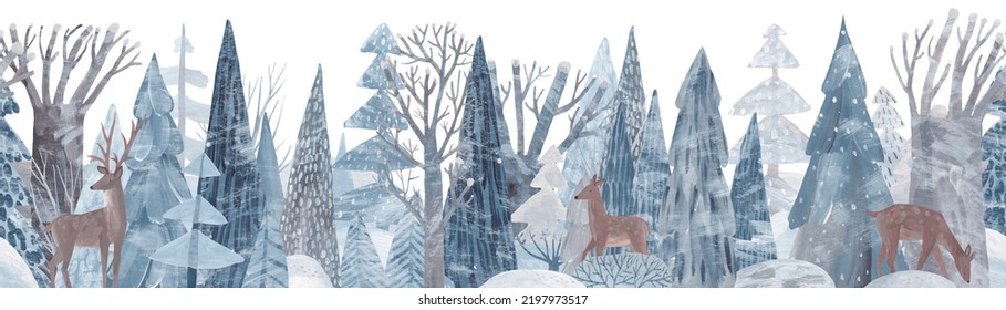 Deer in the winter forest  Cute winter repeating landscape  Horizontal view the winter forest 