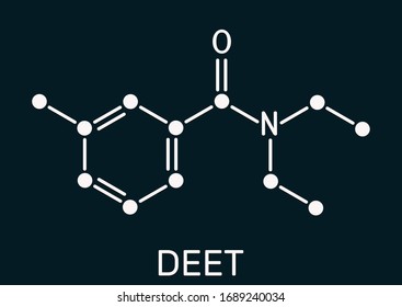 DEET, diethyltoluamide, N,N-Diethyl-meta-toluamide C12H17NO  molecule. It is active ingredient in insect repellents. Skeletal chemical formula on the dark blue background. Illustration