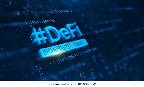 DeFi -Decentralized Finance on dark blue abstract polygonal background. Concept of blockchain, decentralized financial system. 3d rendering