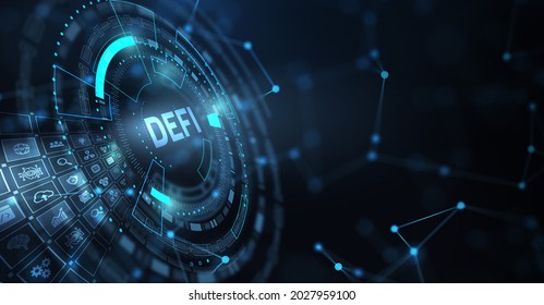 DeFi -Decentralized Finance On Dark Blue Abstract Polygonal Background. Concept Of Blockchain, Decentralized Financial System 3d Illustration