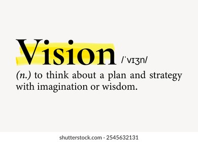 Definition of 'Vision': to think about a plan and strategy with imagination or wisdom. Vision involves planning, strategy, and imagination. Minimal 'Vision' word definition on white background.