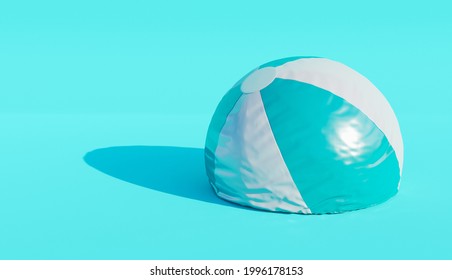 Deflated Beach Ball On Blue Background. Minimalistic Scene. End Of Summer Concept. 3d Render