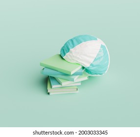 Deflated Beach Ball On A Pile Of Books. Minimal Scene. Concept Of End Of Summer, Back To School. 3d Render