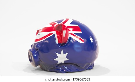 Deflating Inflatable Piggy Bank With Printed Flag Of Australia. Australian Financial Crisis Related Conceptual 3D Rendering