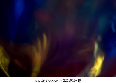 Defocused abstract background transparent synthetic flowers and rgb light highlight  blue  purple  yellow   gold gradations dark background 