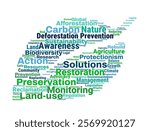 Deforestation Prevention Word Cloud. Focuses on critical terms like forest, deforestation, and sustainability, highlighting efforts to protect nature and combat environmental destruction.