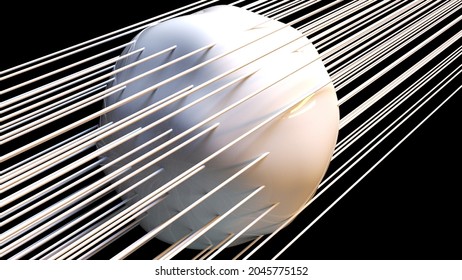 Deformed futuristic 3d render of planets pierced by sharp long spikes. Glossy fluid creative design element. Fractal changing structures in digital gradient presentation