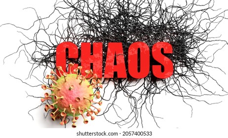Degradation and chaos during covid pandemic, pictured as declining phrase chaos and a corona virus to symbolize current problems caused by epidemic, 3d illustration
