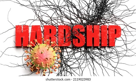 Degradation And Hardship During Covid Pandemic, Pictured As Declining Phrase Hardship And A Corona Virus To Symbolize Current Problems Caused By Epidemic, 3d Illustration